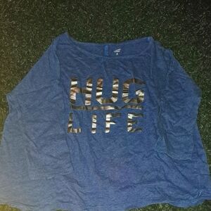 Blue T-Shirt with Gold 'Hug Life' Print